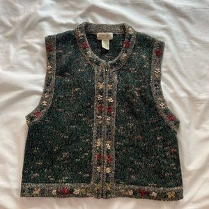 green floral zip-up sweater vest